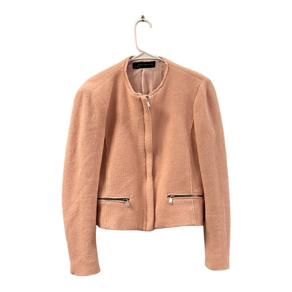 ZARA WOMAN women’s pink blazer size Large zip front zip pockets zip wrist Barbie